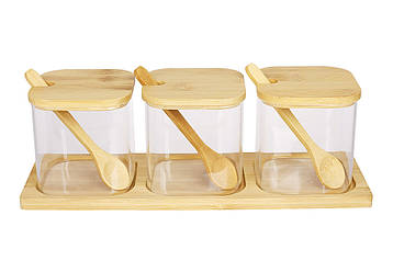 Набір скляних банок для спецій з ложками 3шт*350мл на бамбуковій підставці