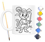 Набір для творчості кружка розмальовка за мотивами Кіт у чоботях (Шарль Перро) 330 мл біла (КР0174), фото 2