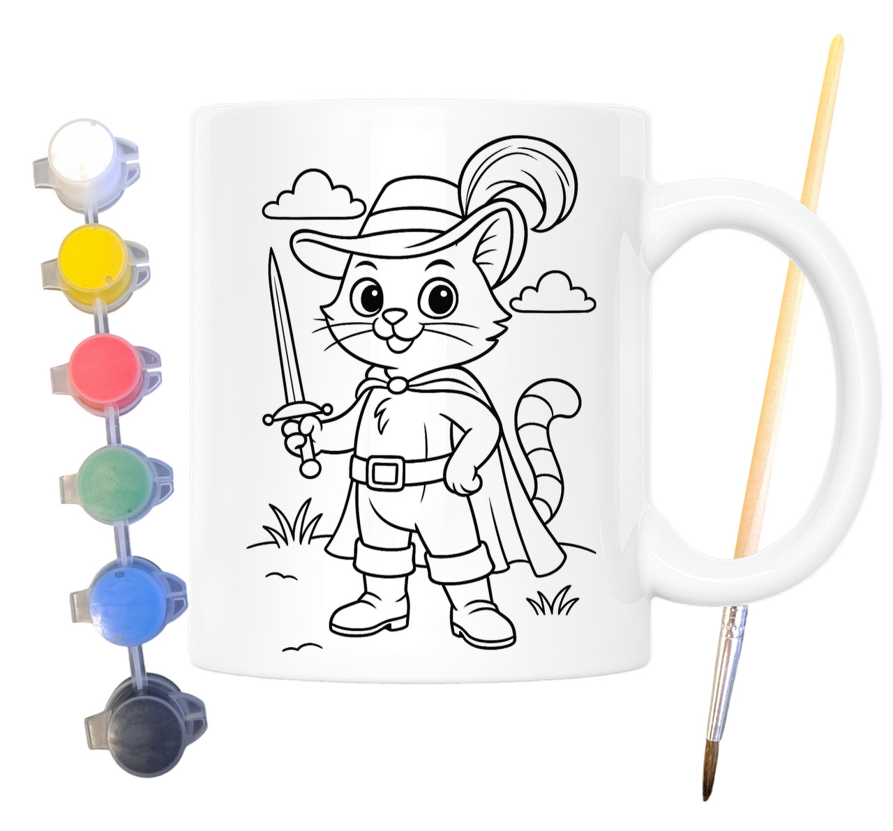 Набір для творчості кружка розмальовка за мотивами Кіт у чоботях (Шарль Перро) 330 мл біла (КР0174), фото 1