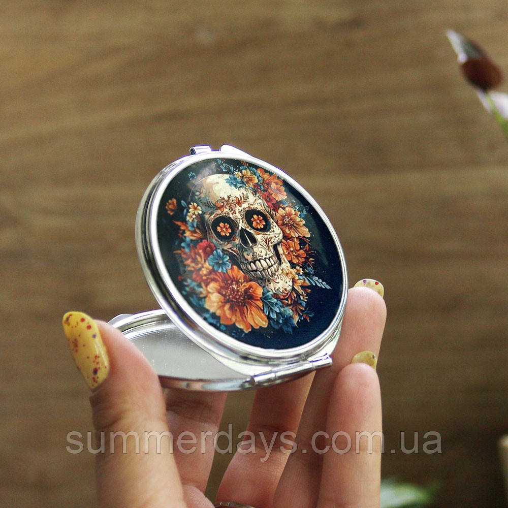Кишенькове дзеркальце Череп в осінніх квітах, фото 1