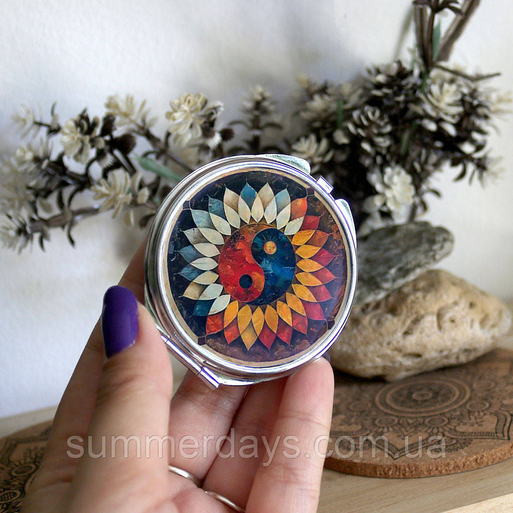 Кишенькове дзеркальце Інь янь у квітах, фото 1