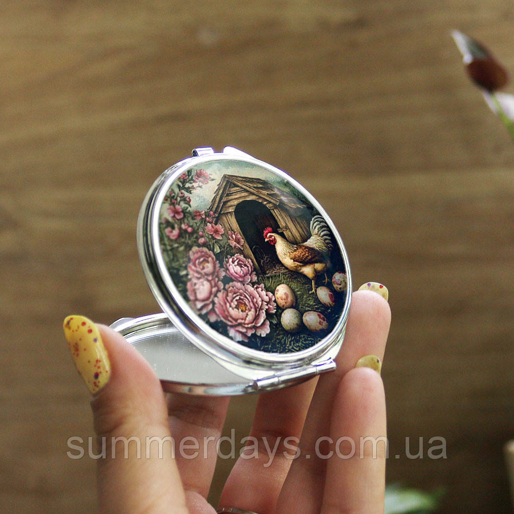 Кишенькове дзеркальце Курка з півонією у великодньому стилі, фото 1