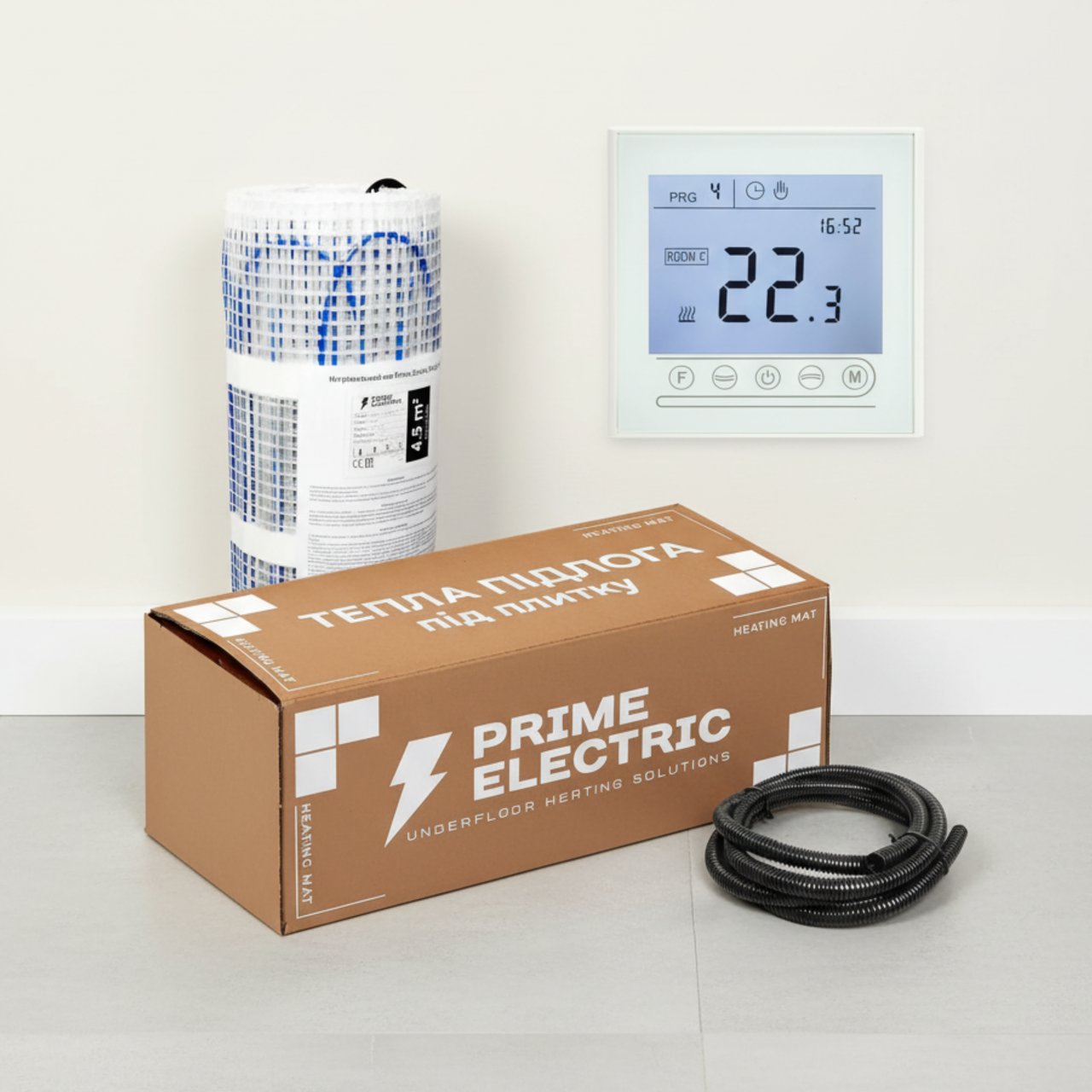 1 м² Комплект теплої підлоги Prime Electric PM-175 нагрівальний мат з програмованим WIFI терморегулятором білим, фото 1