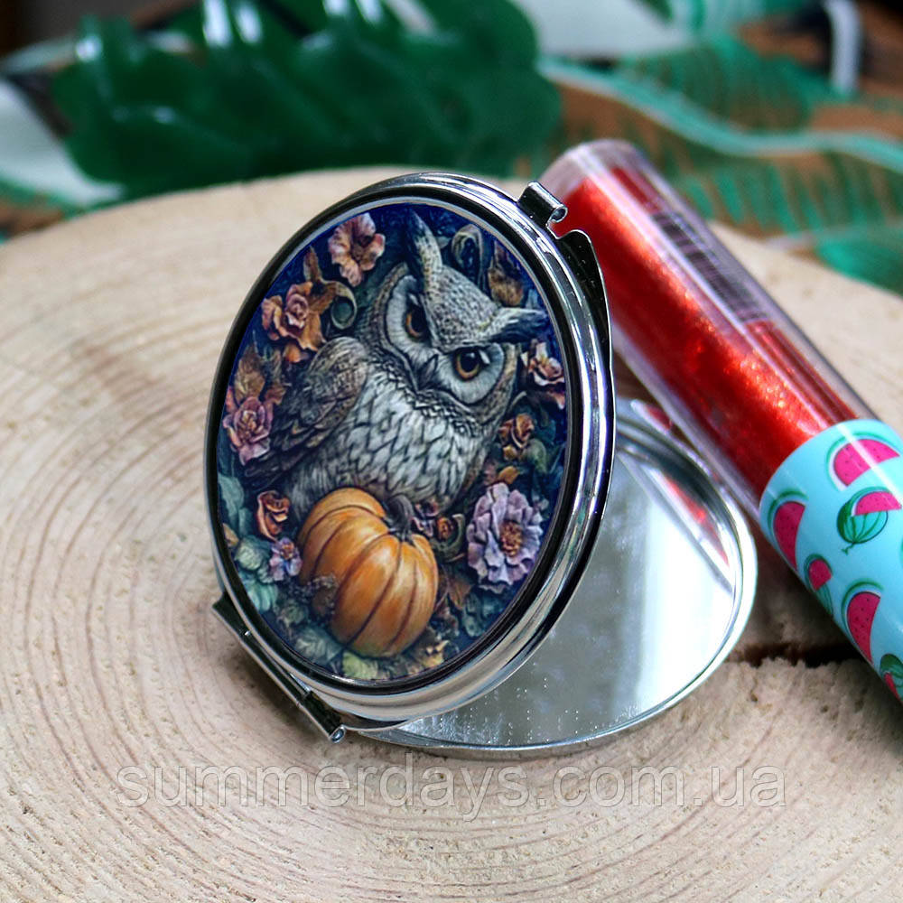 Кишенькове дзеркальце Сова з гарбузом на Хелловін в квіточках, фото 1