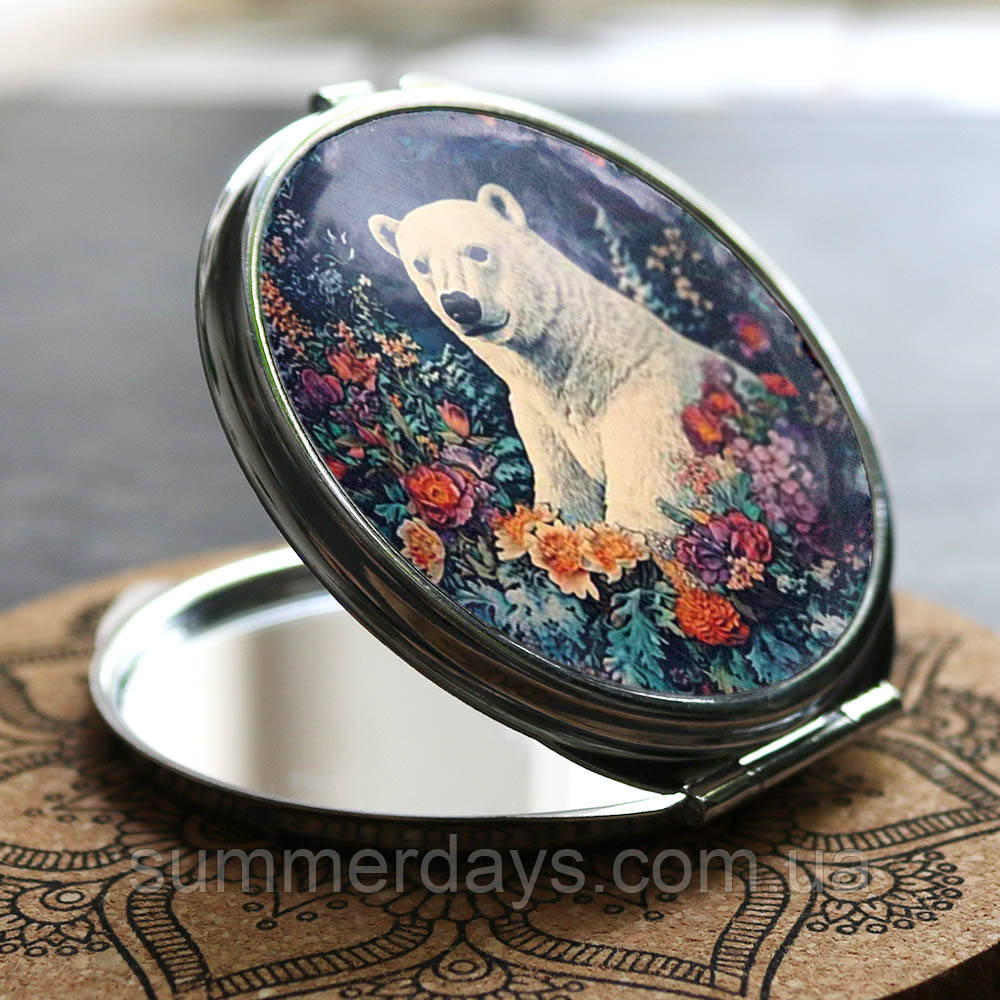 Кишенькове дзеркальце Білий полярний ведмедик у квітах, фото 1