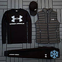 Спортивний костюм чоловічий Under Armour чорний на флісі Комплект кепка світшот штани жилетка з принтом Андер Армор для хлопця