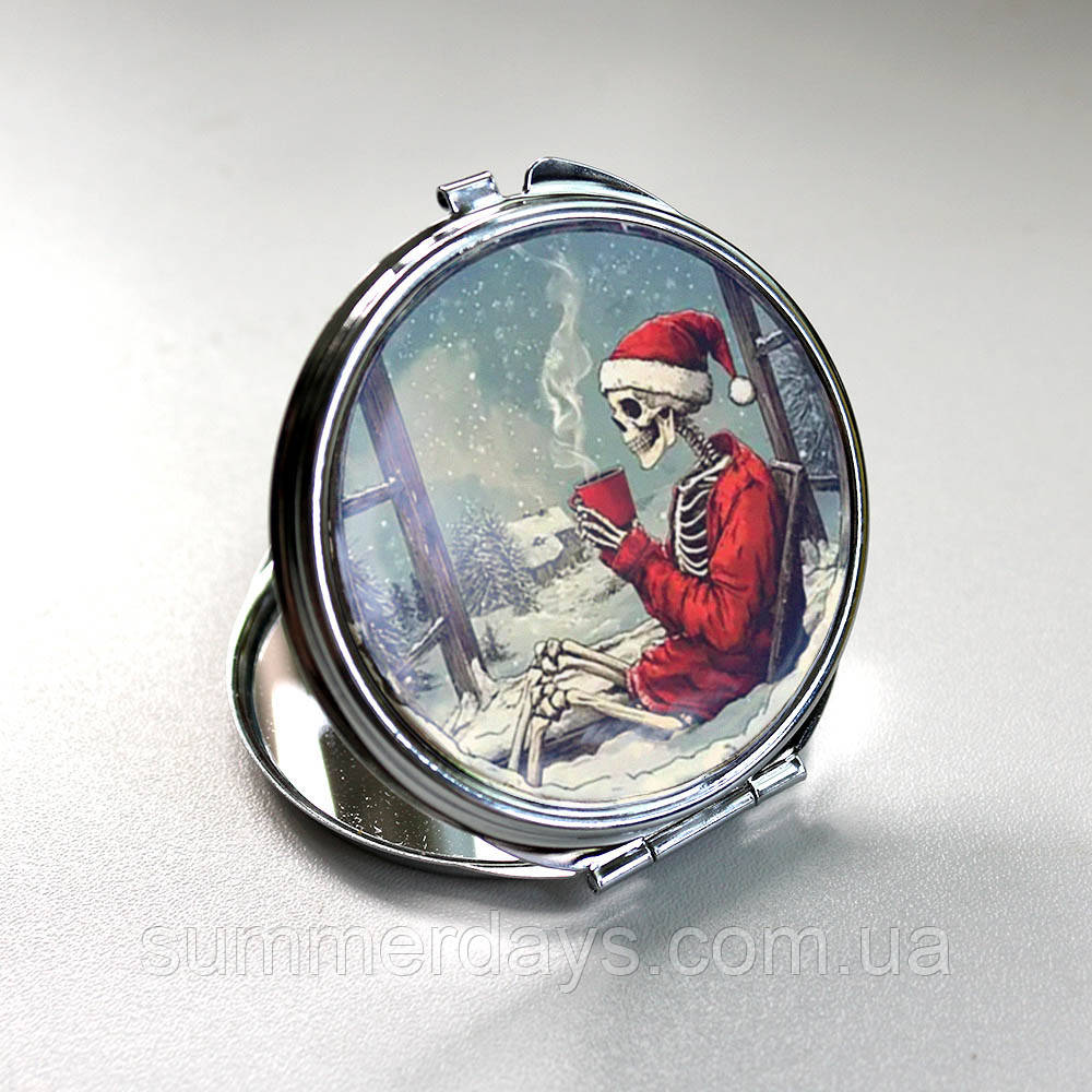 Кишенькове дзеркальце Скелет п'є какао в новорічній шапці, фото 1