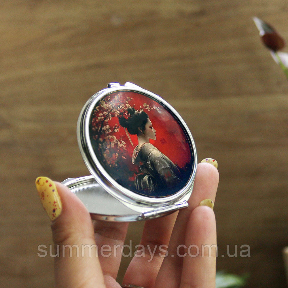 Кишенькове дзеркальце Гейша на тлі сакури, фото 1