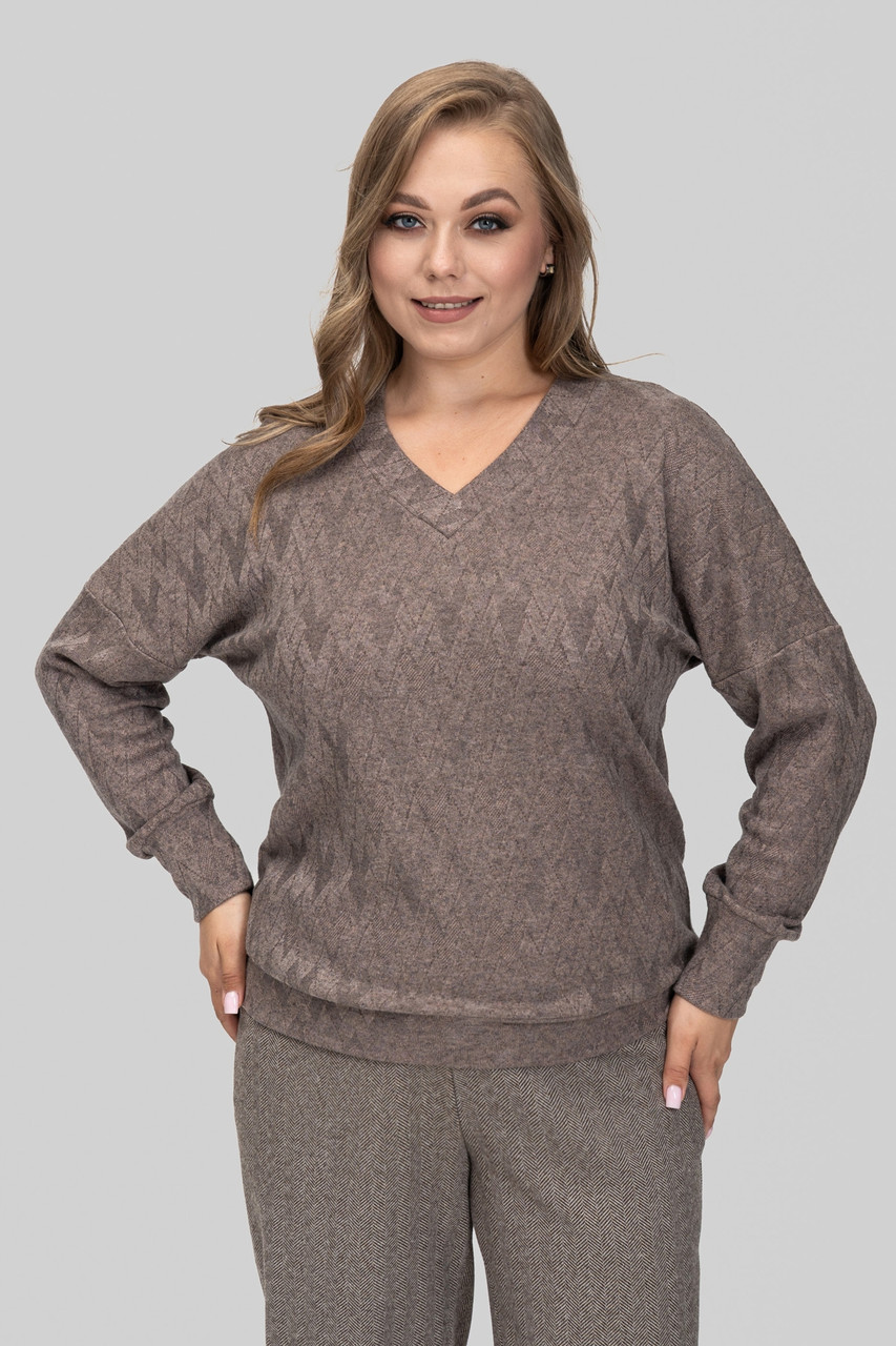 Жіночий теплий светр Меліса з V-вирізом великих розмірів 50–60 ангора кавовий, фото 1