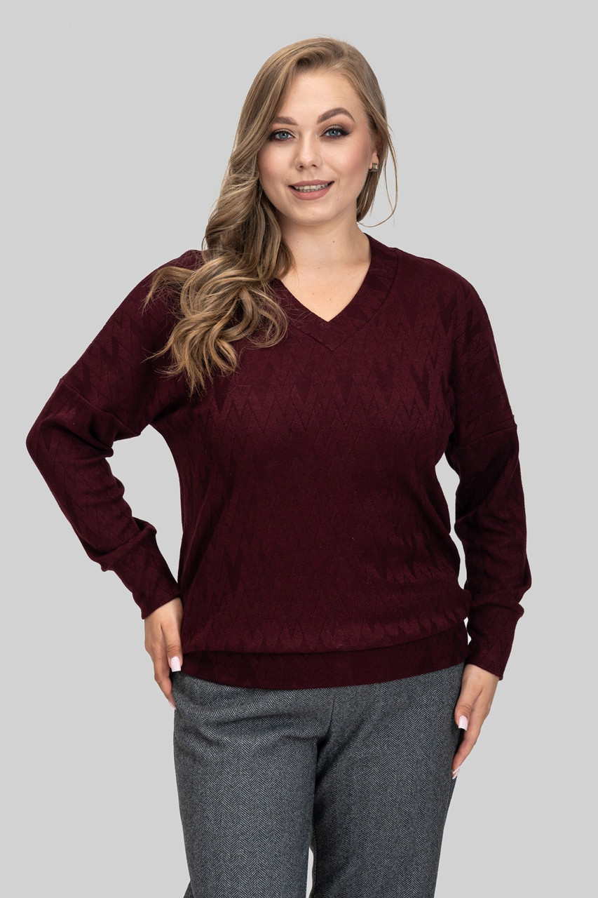 Жіночий теплий светр Меліса з V-вирізом великих розмірів 50–60 ангора бургунді, фото 1