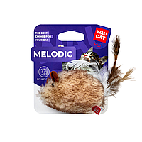 Іграшка для котів WAUCAT Fun Melodic Мишка зі звуковим чипом, штучне хутро, перо, 13 см