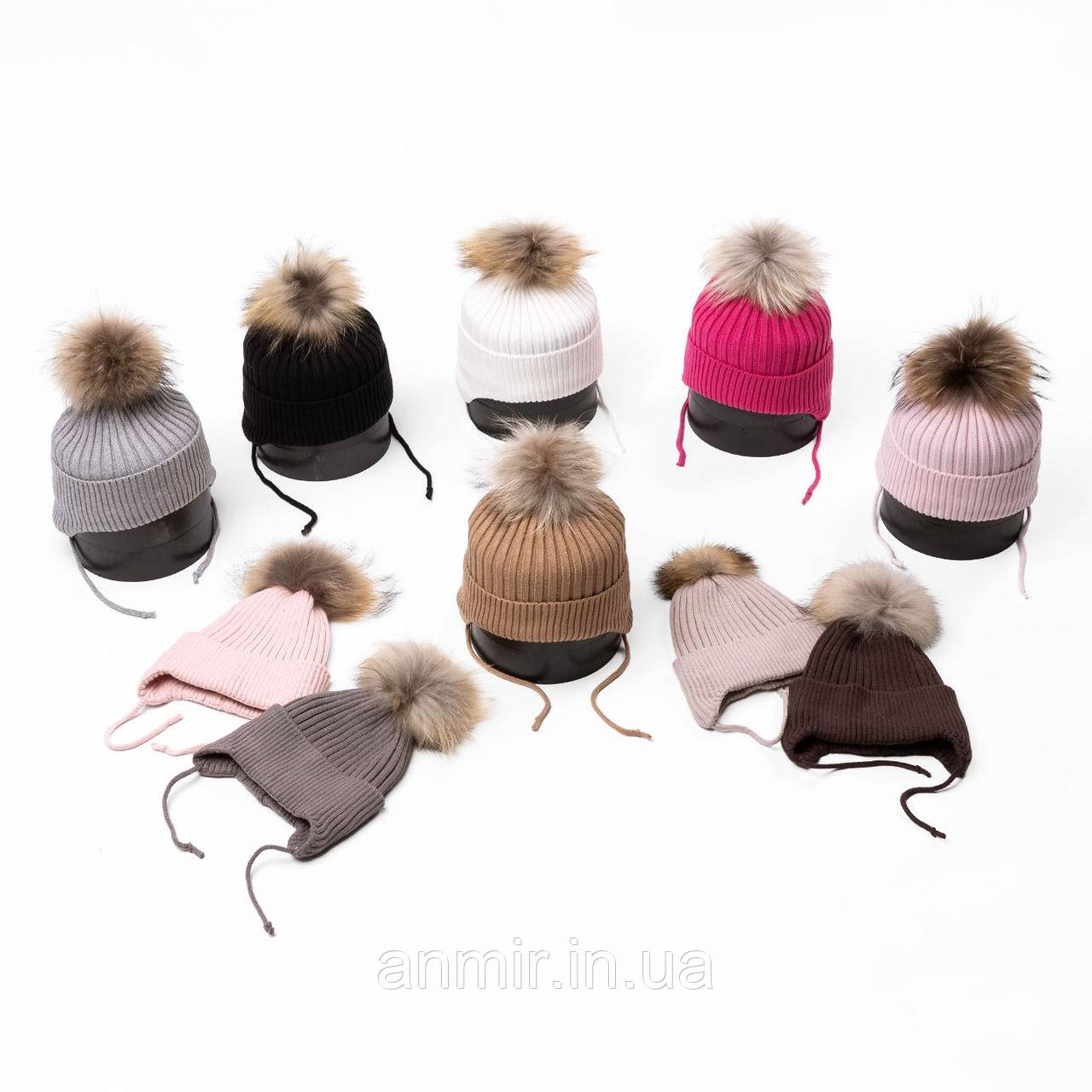 Зимова шапка на зав'язках дитяча з помпоном на флісі розмір 48-50, кольору міксом