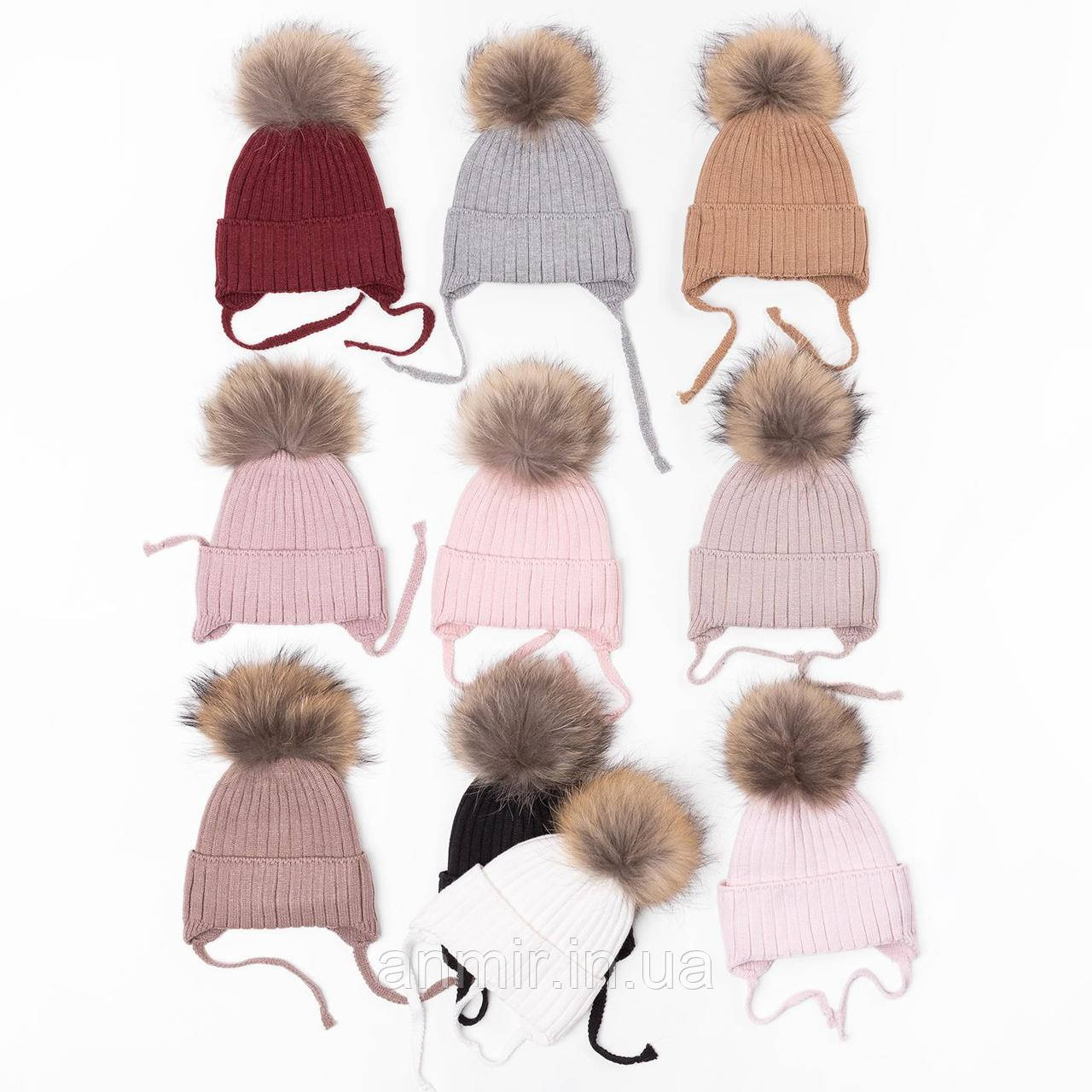 Зимова шапка на зав'язках дитяча з помпоном на флісі розмір 48-50, кольору міксом