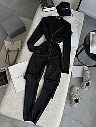 Чорний жіночий теплий еластичний комбінезон облягаючого крою із мікродайвінгу на флісі з блискавкою
