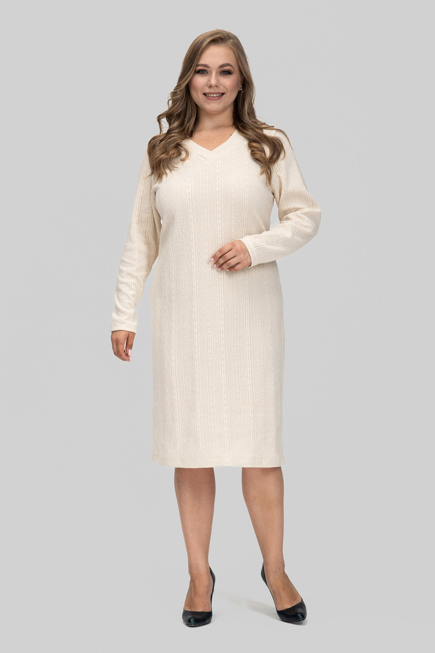 Жіноча сукня великого розміру Софі трикотажна тепла осінньо-зимова 50–60 молочна, фото 1