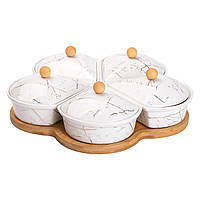 Менажниця фарфорова на підставці, що обертається, 5 секцій біла для сервірування закусок і соусів. (523614)