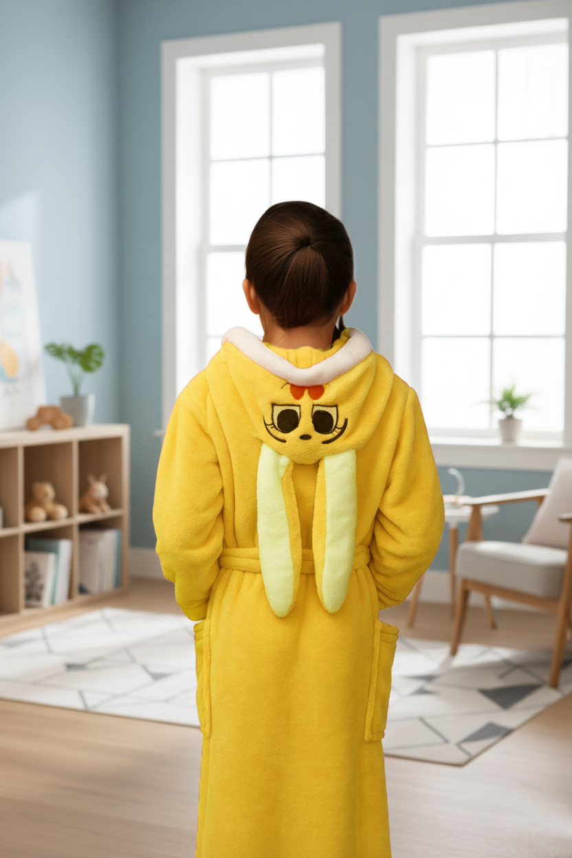 Халат махровий дитячий з капюшоном "Зайчик" для дівчинки, жовтий, софт-махра, фото 1