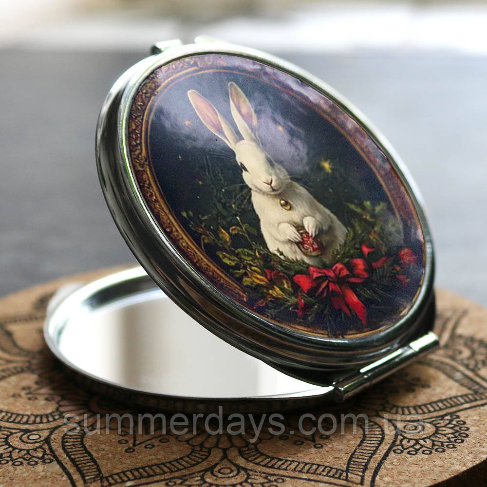 Кишенькове дзеркальце Білий різдвяний кролик, фото 1