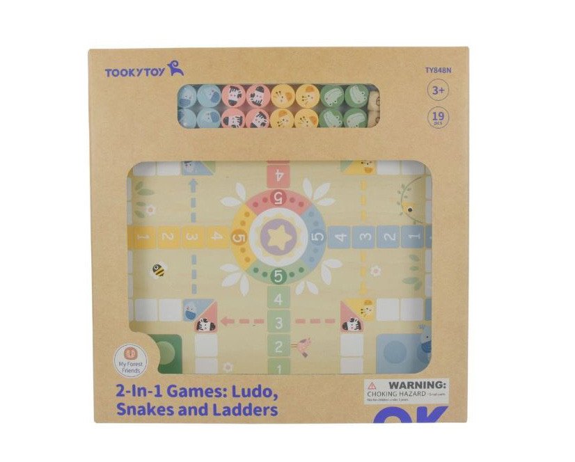 Дерев'яна іграшка TY848N (12шт) настільна гра, 2в1 (Ludo/Лудо, Snake and Ladders/Змії та сходи), фішки 16шт, кубик 2шт, в кор-ці,, фото 1