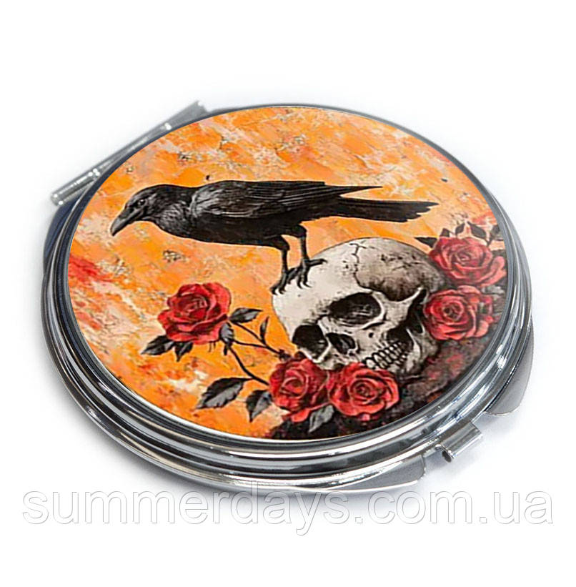 Кишенькове дзеркальце Ворон на черепі з червоними трояндами, фото 1