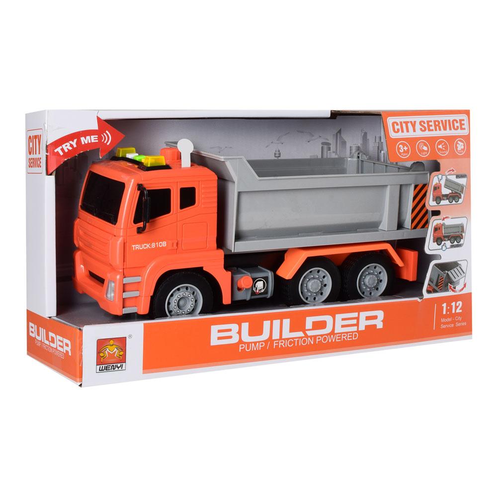 Самоскид WY810B (18 шт.) інер-й,29см, 1:12, звук, світло,рез.колеса, бат (табл), у кор-ке,35,5-20,5-14см, фото 1