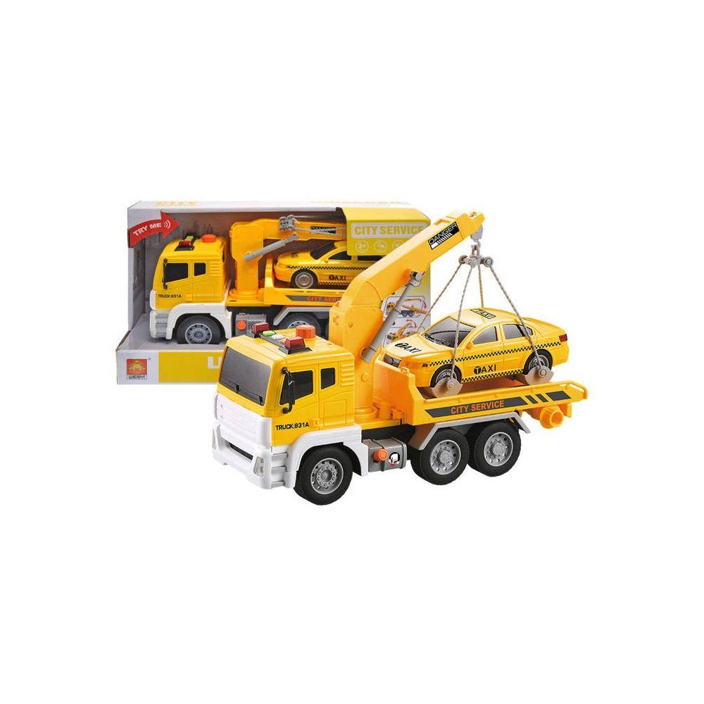 Набір з транспортом WY831A (18шт) 1:12, евакуатор 31,5см, інерц, машина-такси,рухливі деталі,звук,світло, гум.колеса,бат(табл), в, фото 1