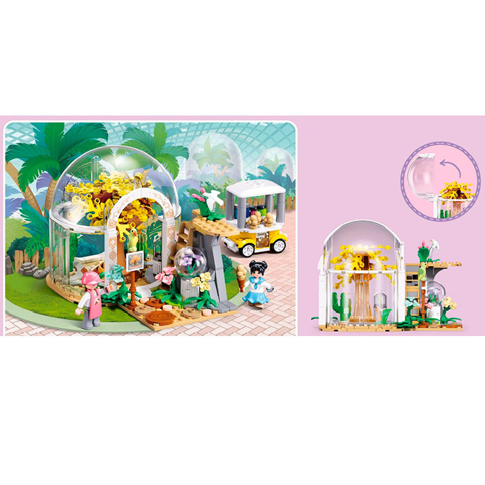 Конструктор SLUBAN M38-B1375 (16шт) рожева серія, ботанічний сад, зелений будиночок, 17,1см, фігурки, 299дет, в кор-ці, 38-29-7см, фото 1