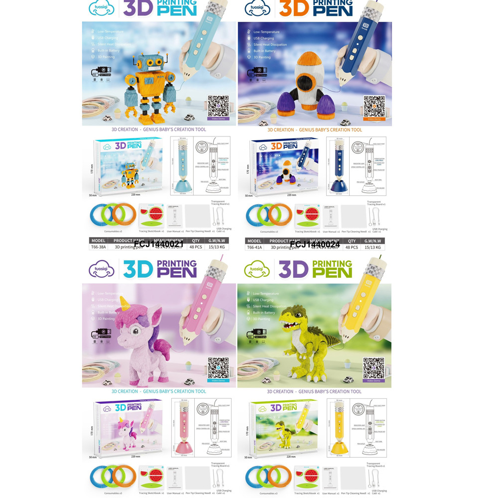 3D ручка T66-38A-39A-40A-41A (12шт) 15см, акум, USBзарядне, тип філоменту-PCL(3 кольори), 4 види, в кор-ці, 22-17-5см, фото 1