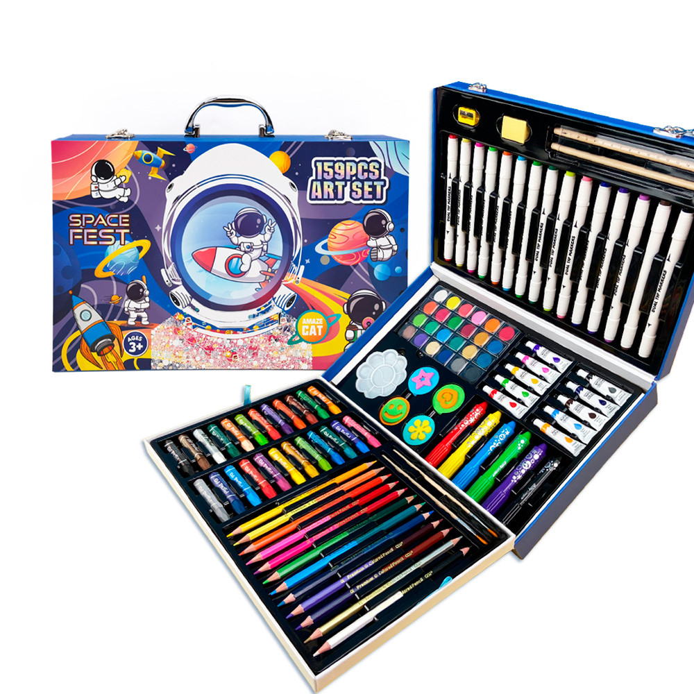 Канцелярський набір A2211-2215-2426 (8шт) фломастери,олівці,воск.крейда,фарби, розмальовки,наліпки, 159пр, 3 види, в, фото 1