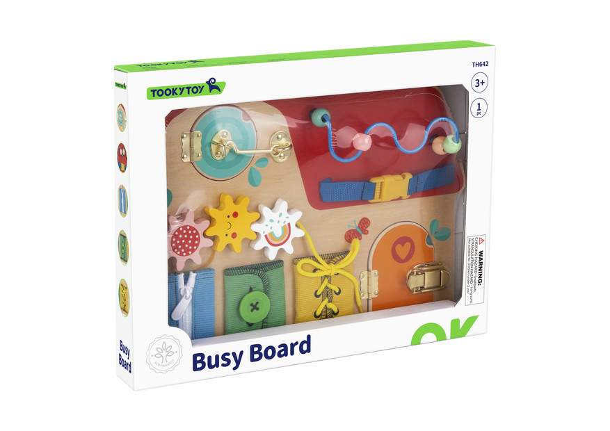 Дерев'яна іграшка TH642 (8шт) бізіборд, рухливі деталі, шестерні, шнурівка, гудзик, застібка-блискавка, замки, лабіринт на дроті,в, фото 1