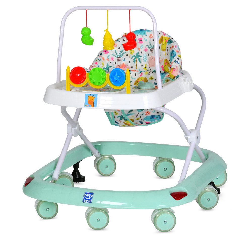 Ходунки M 0541C-10 (1шт) дуга з підвісками, колеса 8 шт., 2 стопора, муз., світло, бат., м'ятний, фото 1