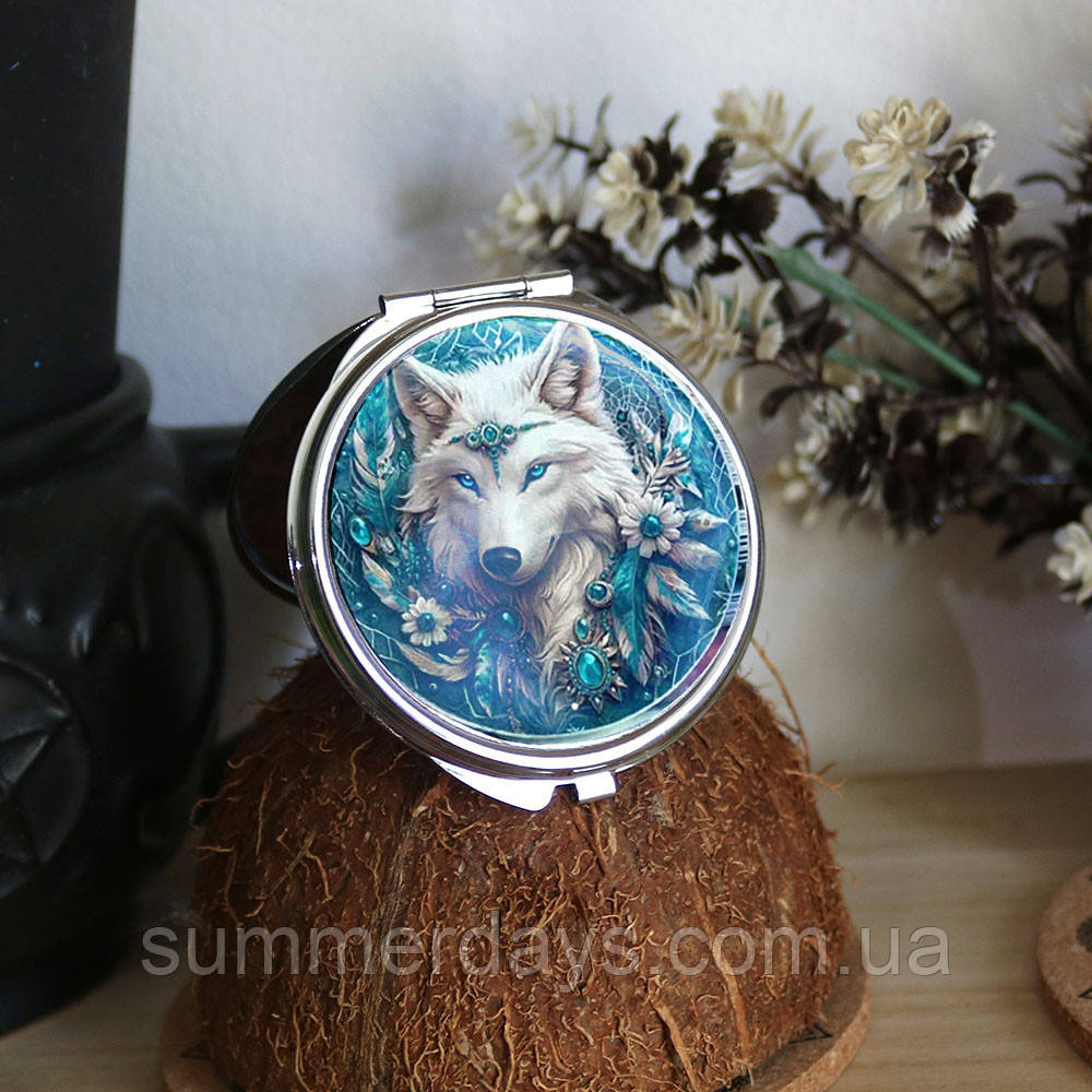 Кишенькове дзеркальце Білий вовк у стилі бохо., фото 1