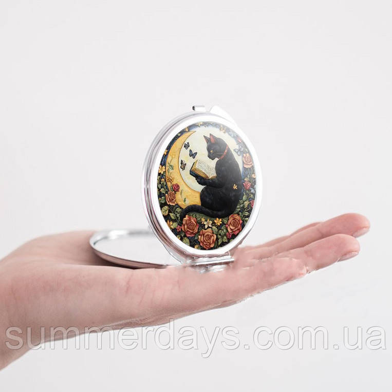 Кишенькове дзеркальце Чорний кіт із книгою на місяці, фото 1