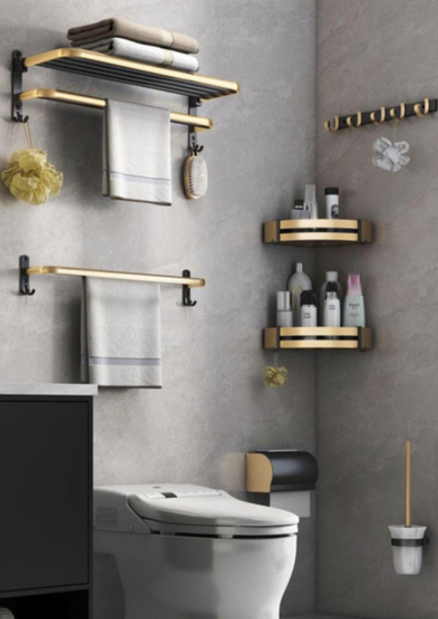 Набір універсальний для ванної кімнати полиця,вішалки,йоржик, тримач для паперу 6 в 1 Чорний, фото 1