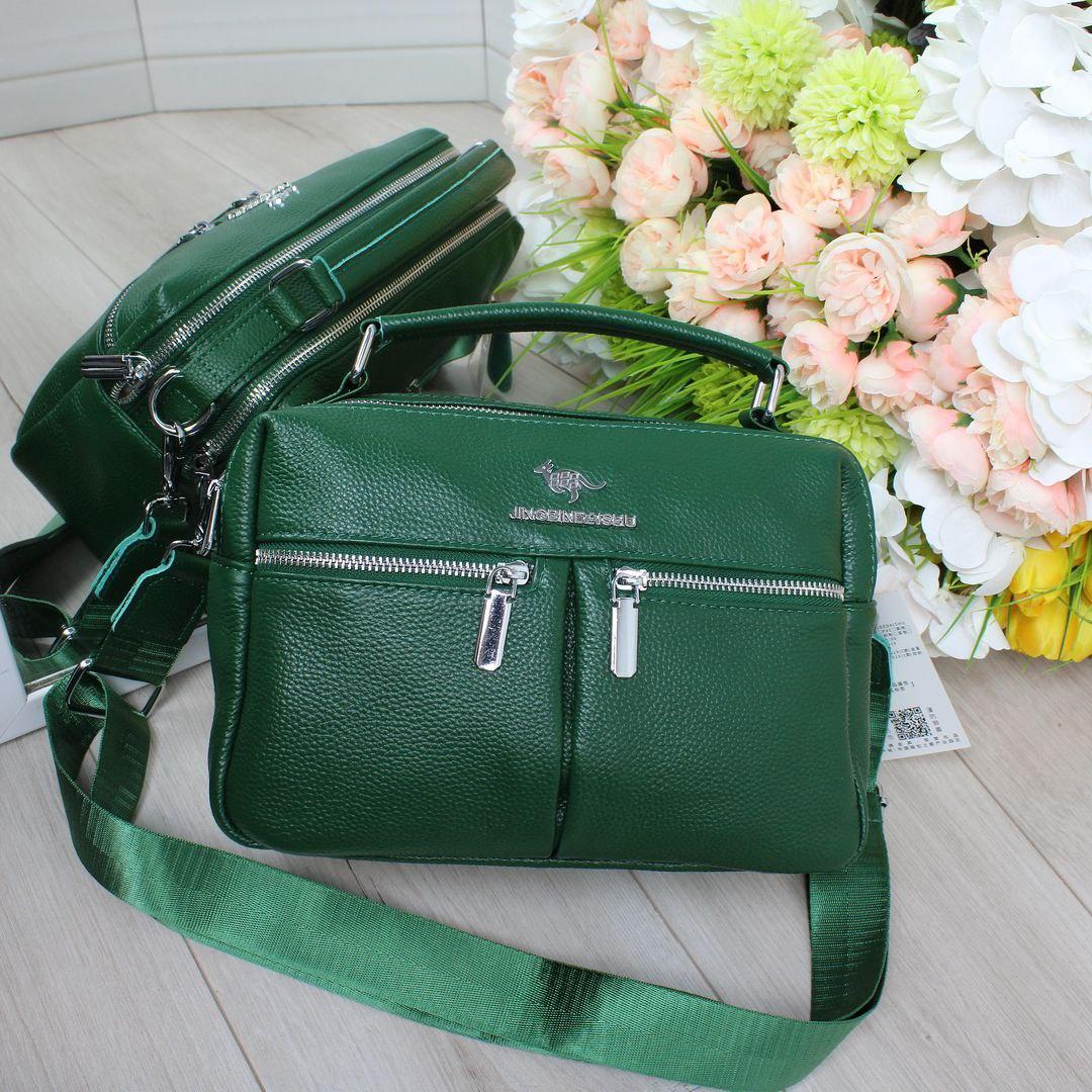 Жіноча шкіряна сумка кросбоді на широкому ремені сумочка зелена натуральна шкіра