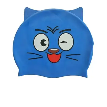Шапочка дитяча для плавання силіконова синя з принтом Котика 14550 (для дітей 4-8 років) з вушками