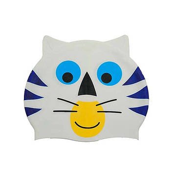 Шапочка дитяча для плавання силіконова сіра з принтом Котика 14553 (для дітей 4-8 років) з вушками