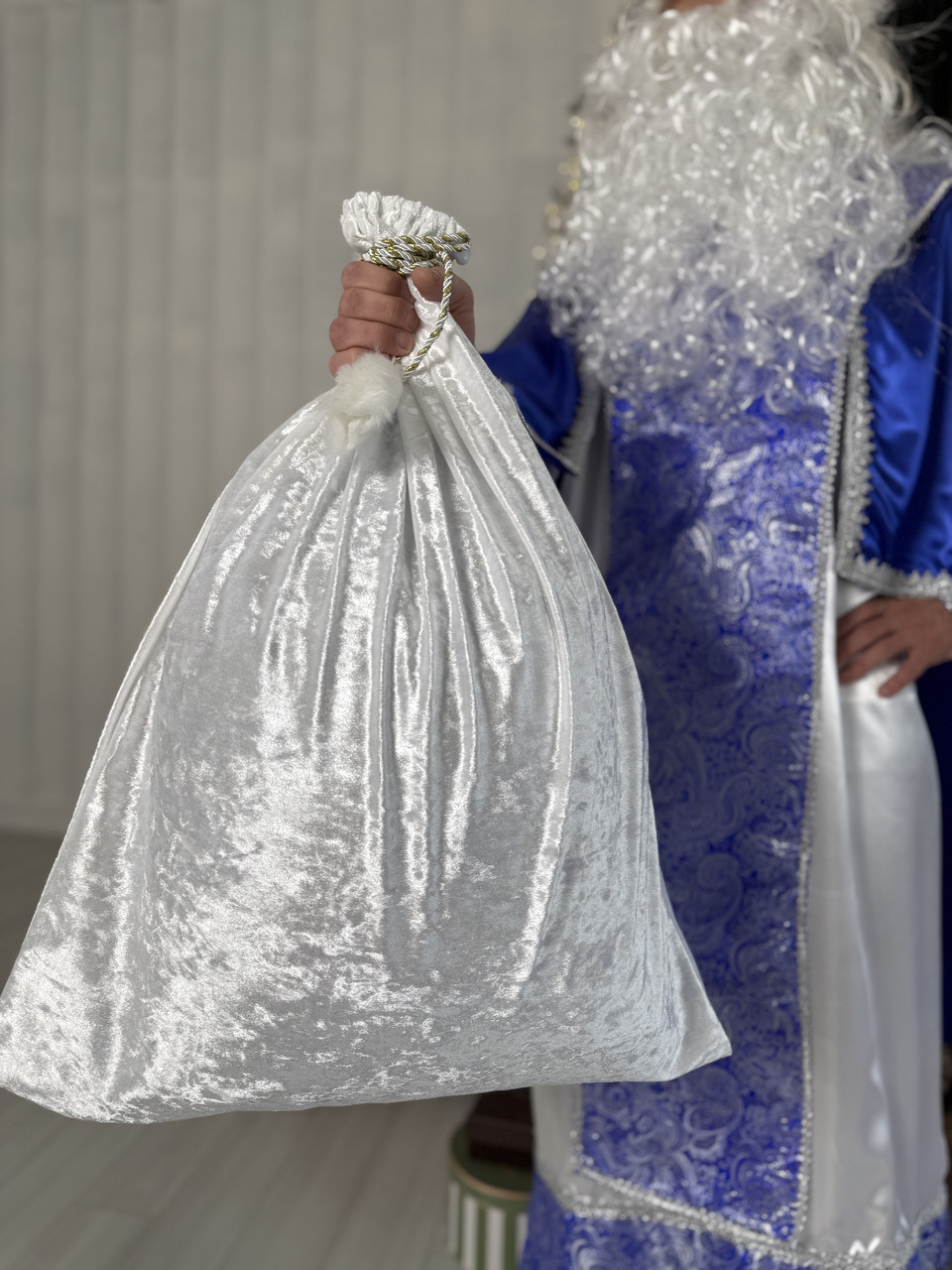 Мішок для подарунків, мішок Діда Мороза, мішок Санти, новорічний мішок, червоний велюровий мішок із золотим шнуром, фото 1