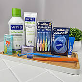 Набір для брекетів стартовий (паста 100 мл опол-ч Vitis Ortho+щітки Curaprox+нитка, йоржики, гель+віск+зубочистки) з косметичкою