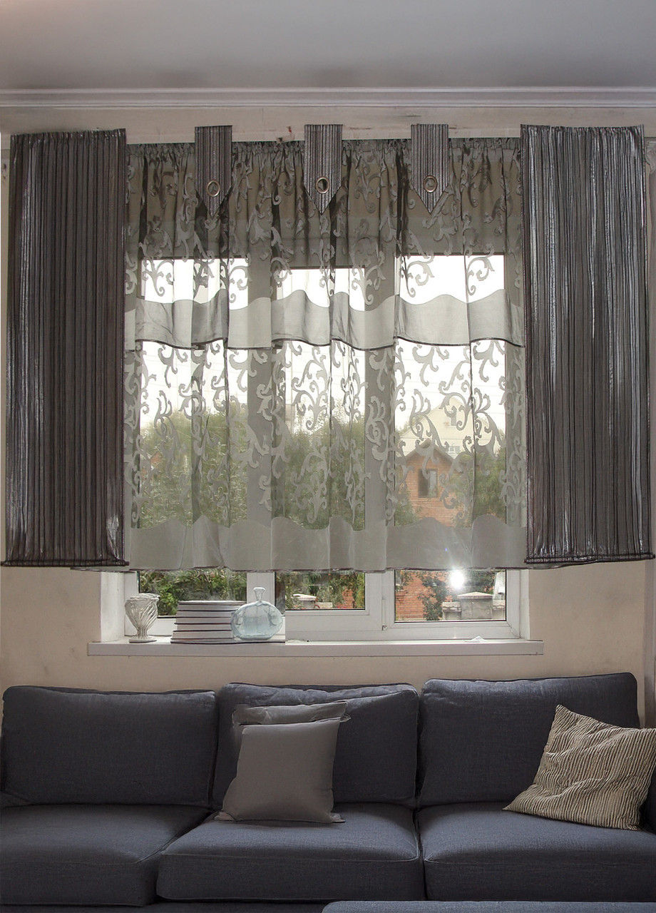 Комплект гардин і шторок до підвіконня Firanka Simple 200см чорний з сірим (70_5к), фото 1