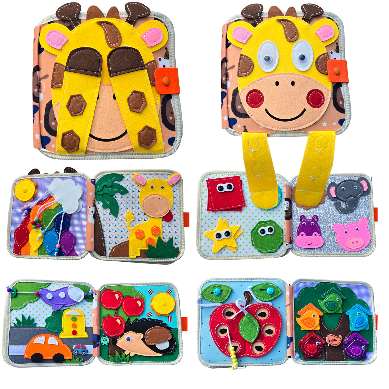 М'яка книжка-бізіборд Жирафа фетр форми кольори тварини пальчикові ігри на липучках 21*7*21см (C 64654), фото 1