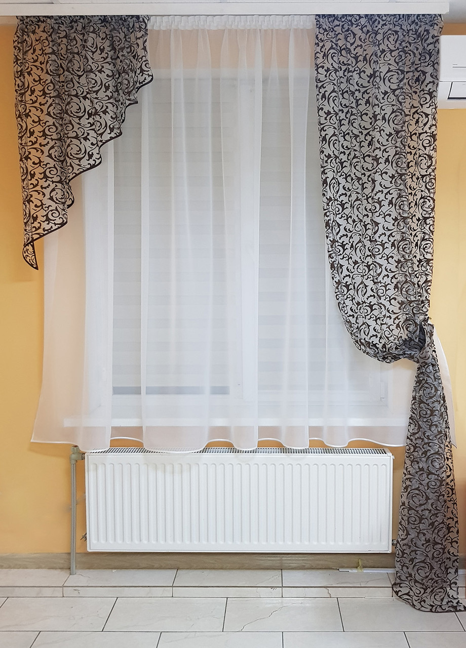 Комплект тюль до підвіконня і штора Firanka Вензель карниз 200см білий з коричневим (71_1к), фото 1