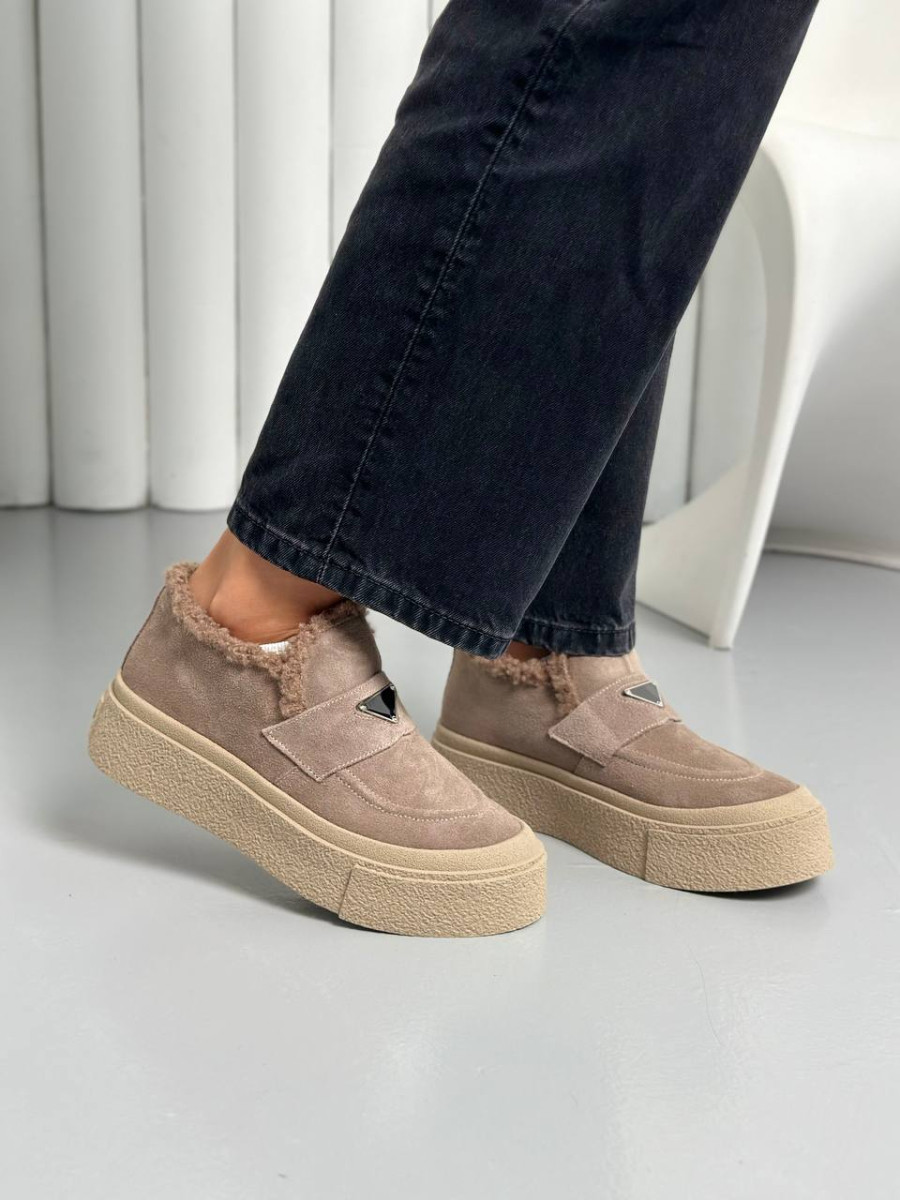 Лофери жіночі замшеві темно-бежеві зимові, фото 1