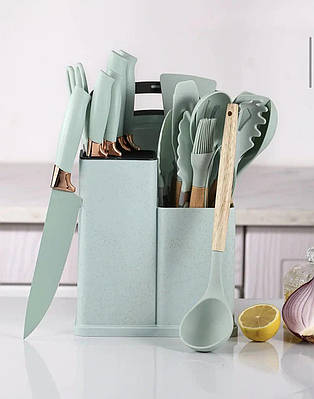 Силіконовий кухонний набір приладдя з дерев'яною ручкою 19в1 Kitchenware Set з ножами та дошкою Бірюзовий