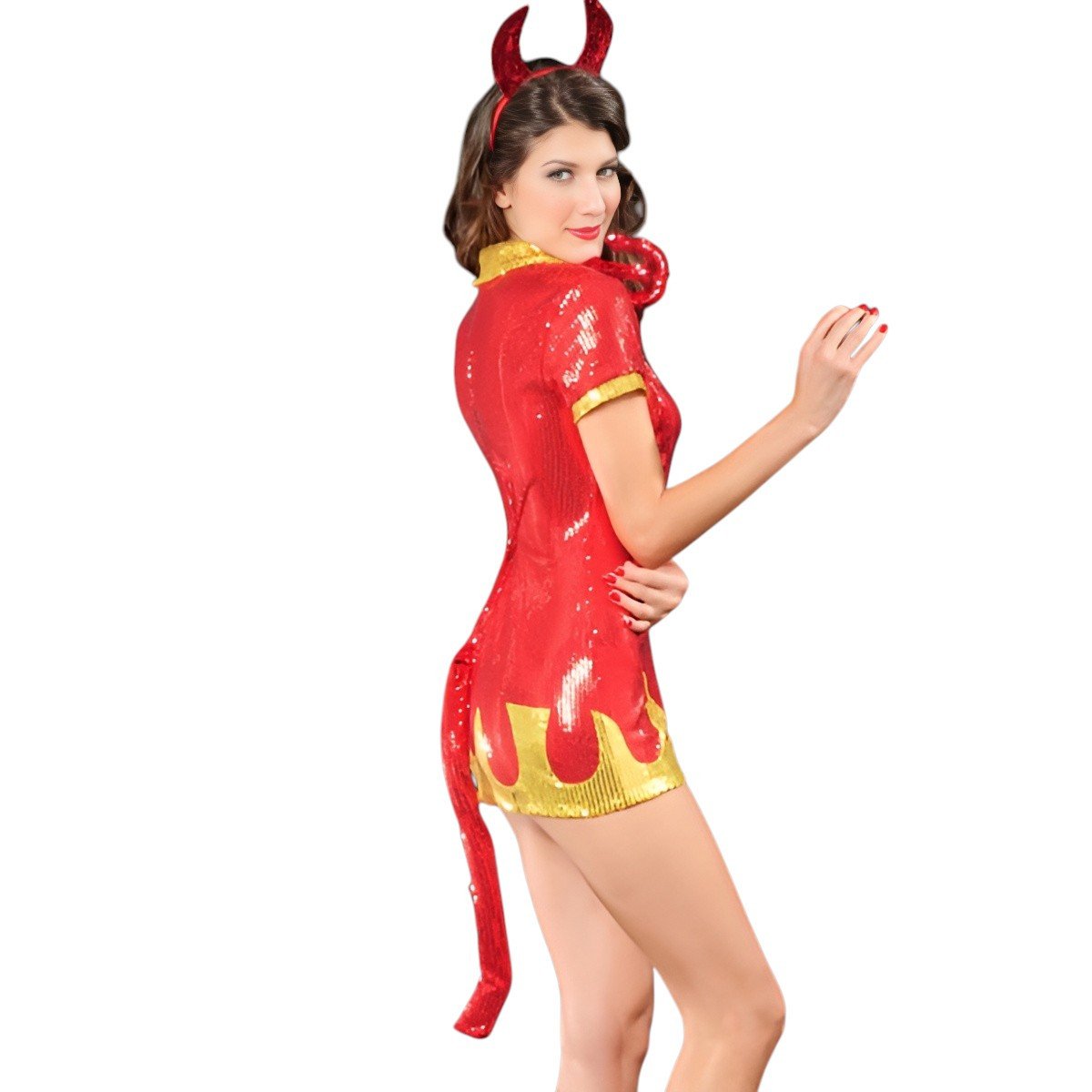 Костюм дияволиця на Хеллоуїн, міні-сукня з паєтками, роги та хвіст, червоно-золотий