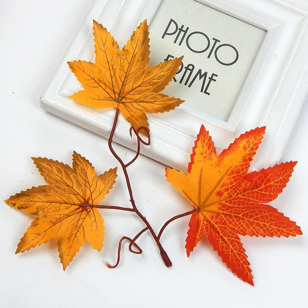 Штучне листя Клену, гілочка на 3 листочки, 23х19 см, жовтогаряче