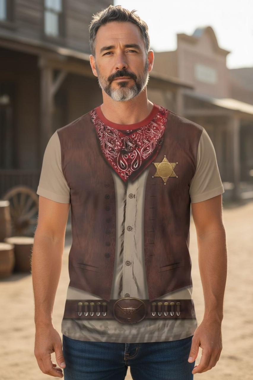 Чоловічі футболки в західному стилі з принтом "Значок шерифа та червона бандана", фото 1