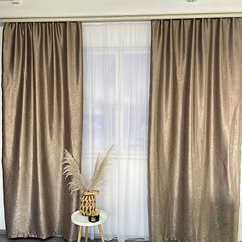 Штори софт-велюр блекаут темно-шоколадні з білим шифоновим тюлем ALBO (SHTN-250-6)