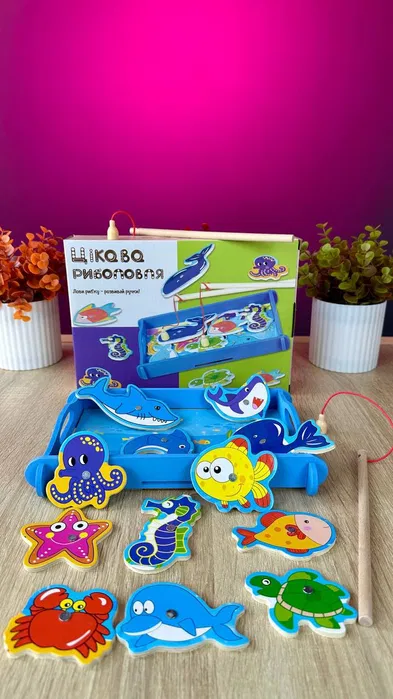 Дитяча магнітна риболовля 28538 "WToys", дерев'яна, 2 вудочки, рибки, фото 1