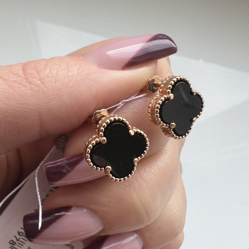 Сережки срібні "Чорна конюшина" з онікса позолочені жіночі Сережки зі срібла у вигляді листочка, фото 1